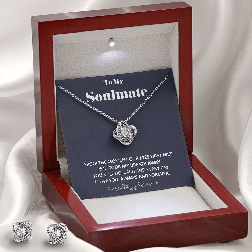 To My Soulmate - You Took My Breath Away - Soulmate Love Knot Necklace Earring Gift Set With Message Card Soulmate Birthday Soulmate