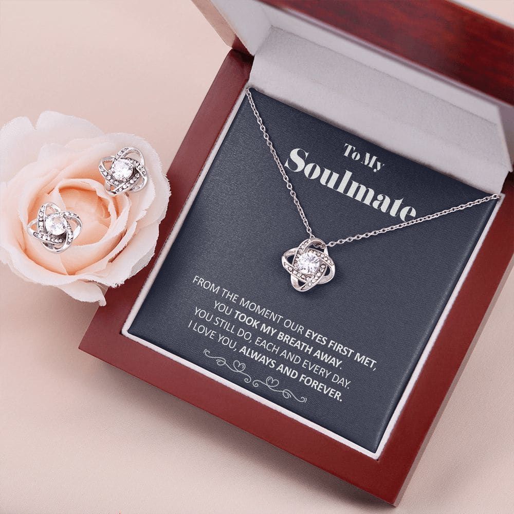 To My Soulmate - You Took My Breath Away - Soulmate Love Knot Necklace Earring Gift Set With Message Card Soulmate Birthday Soulmate