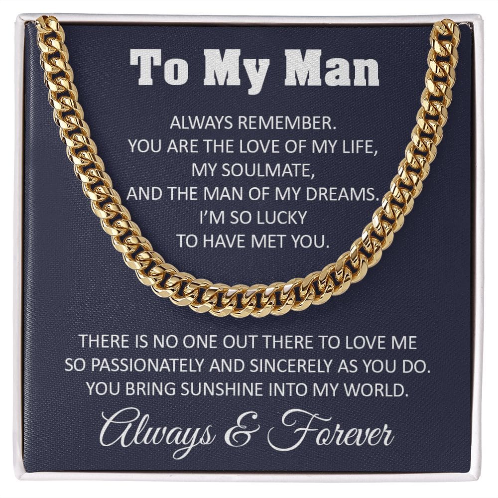 To My Man Cuban Link Chain Necklace Gift For Him From Her For Valentines Day Anniversary Birthday Christmas - 14k Yellow Gold Finish /