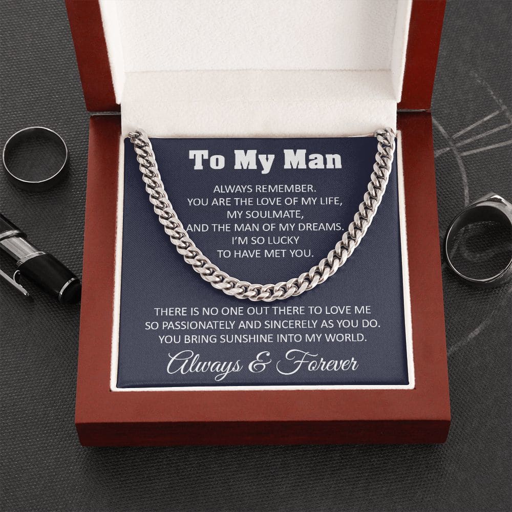To My Man Cuban Link Chain Necklace Gift For Him From Her For Valentines Day Anniversary Birthday Christmas - Stainless Steel / Luxury Box -