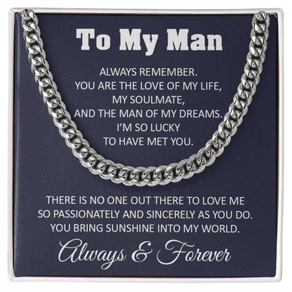 To My Man Cuban Link Chain Necklace Gift For Him From Her For Valentines Day Anniversary Birthday Christmas - Stainless Steel / Standard Box